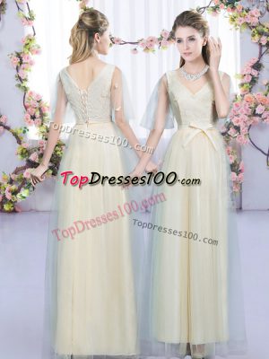 Spectacular Floor Length Champagne Quinceanera Court Dresses V-neck Sleeveless Lace Up