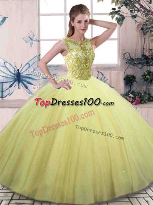 Yellow Green Ball Gowns Scoop Sleeveless Tulle Floor Length Lace Up Beading Quinceanera Dresses