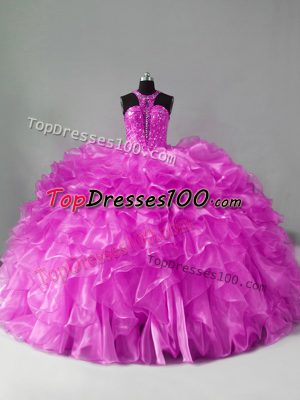 Fantastic Brush Train Ball Gowns Sweet 16 Quinceanera Dress Lilac Halter Top Organza Sleeveless Zipper