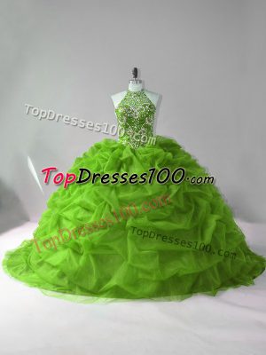 Unique Court Train Ball Gowns Sweet 16 Dress Green Halter Top Organza Sleeveless Lace Up