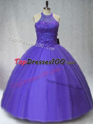 Nice Purple Halter Top Neckline Beading Ball Gown Prom Dress Sleeveless Lace Up