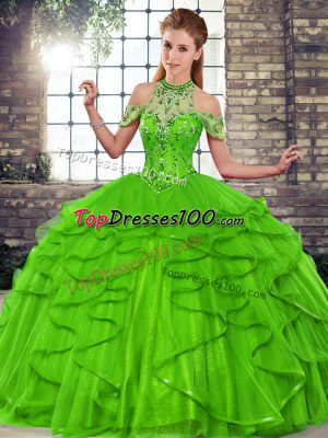 Wonderful Ball Gowns 15th Birthday Dress Green Halter Top Tulle Sleeveless Floor Length Lace Up
