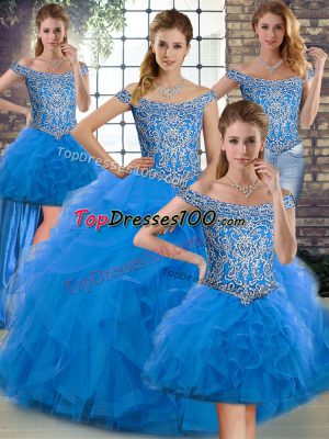 Beautiful Blue Sleeveless Tulle Brush Train Lace Up 15 Quinceanera Dress for Military Ball and Sweet 16 and Quinceanera