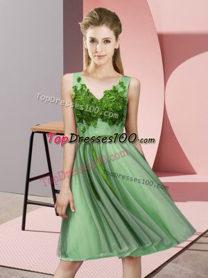 Latest Apple Green V-neck Lace Up Appliques Wedding Guest Dresses Sleeveless