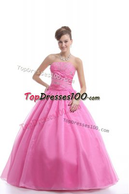 Modest Rose Pink Strapless Lace Up Embroidery Sweet 16 Quinceanera Dress Sleeveless