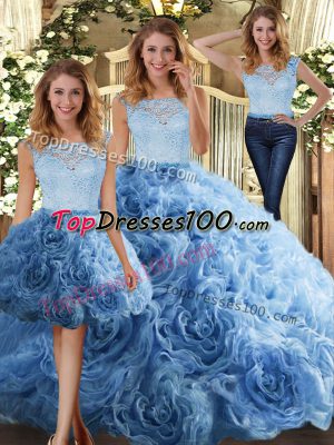 Superior Baby Blue Fabric With Rolling Flowers Zipper Scoop Sleeveless Floor Length 15th Birthday Dress Lace