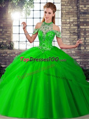 Gorgeous Sleeveless Beading and Pick Ups Lace Up Sweet 16 Dress with Green Brush Train