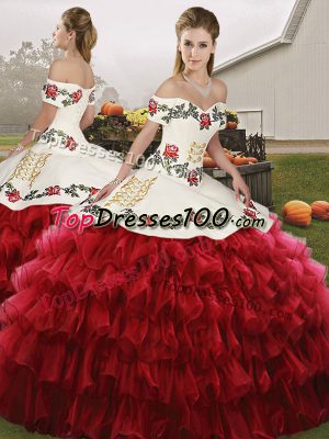 Customized Wine Red Off The Shoulder Neckline Embroidery and Ruffled Layers Quince Ball Gowns Sleeveless Lace Up