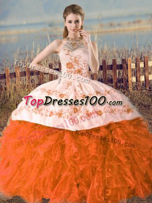 Gorgeous Halter Top Sleeveless Organza Quinceanera Gowns Embroidery Court Train Lace Up