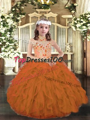 Great Floor Length Lace Up Pageant Dress for Girls Orange for Party and Wedding Party with Appliques and Ruffles