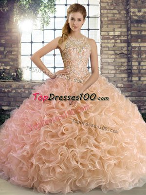 Amazing Peach 15 Quinceanera Dress Military Ball and Sweet 16 and Quinceanera with Beading Scoop Sleeveless Lace Up
