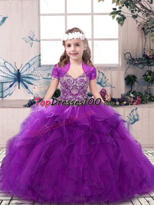 Most Popular Purple Ball Gowns Tulle Straps Sleeveless Beading and Ruffles Floor Length Lace Up Little Girls Pageant Dress Wholesale