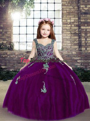 Admirable Purple Ball Gowns Appliques Evening Gowns Lace Up Tulle Sleeveless Floor Length