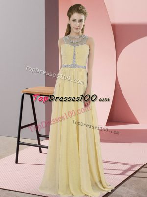 Best Selling Gold Chiffon Zipper Scoop Sleeveless Floor Length Dress for Prom Beading