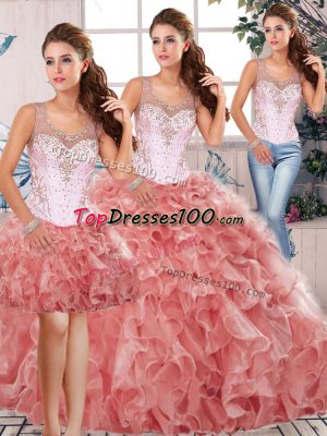 Affordable Three Pieces 15 Quinceanera Dress Watermelon Red Scoop Organza Sleeveless Floor Length Clasp Handle