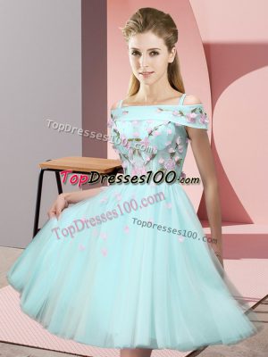 Tulle Off The Shoulder Short Sleeves Lace Up Appliques Quinceanera Court Dresses in Aqua Blue