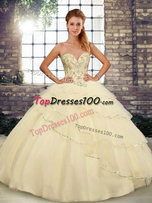Light Yellow Quinceanera Dress Military Ball and Sweet 16 and Quinceanera with Beading and Ruffled Layers Sweetheart Sleeveless Brush Train Lace Up