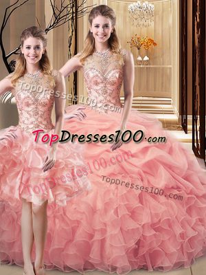 Beautiful Peach 15 Quinceanera Dress Sweet 16 and Quinceanera with Beading and Ruffles Scoop Sleeveless Lace Up