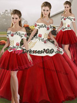 Top Selling White And Red Ball Gowns Off The Shoulder Sleeveless Organza Floor Length Lace Up Embroidery 15 Quinceanera Dress