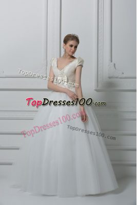 Clearance White Short Sleeves Floor Length Beading and Appliques and Bowknot Lace Up Wedding Gown