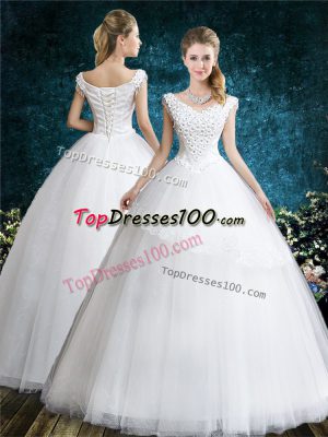 White Wedding Dresses Wedding Party with Lace and Appliques V-neck Sleeveless Lace Up