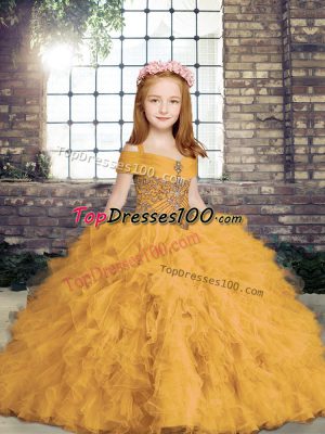 Custom Made Sleeveless Floor Length Beading Lace Up Little Girls Pageant Dress with Gold