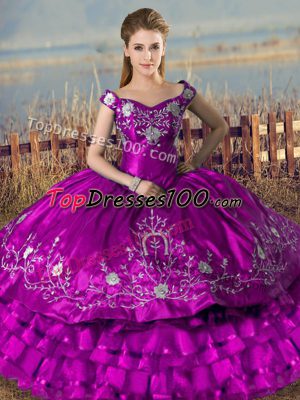 Satin and Organza Off The Shoulder Sleeveless Lace Up Embroidery and Ruffled Layers Sweet 16 Dress in Purple