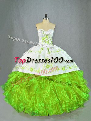 Dramatic Green Sleeveless Satin and Organza Brush Train Lace Up Quinceanera Gown for Sweet 16 and Quinceanera