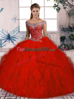 Red Tulle Lace Up Sweet 16 Quinceanera Dress Sleeveless Brush Train Beading and Ruffles
