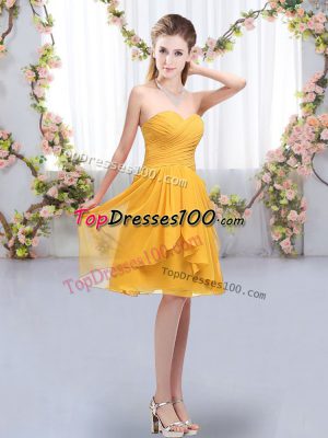 Knee Length Lace Up Bridesmaids Dress Gold for Wedding Party with Ruffles and Ruching