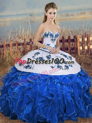 Hot Sale Blue And White Lace Up 15th Birthday Dress Embroidery and Ruffles and Bowknot Sleeveless Floor Length