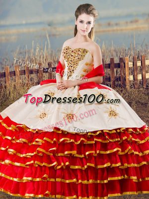 Sleeveless Organza Floor Length Lace Up Sweet 16 Dresses in White And Red with Beading and Ruffled Layers