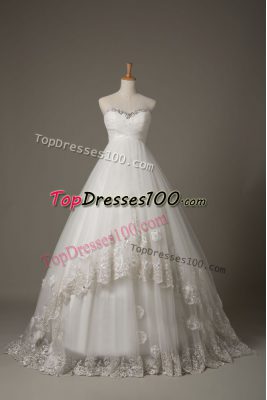 Nice White Sweetheart Lace Up Beading and Lace and Hand Made Flower Wedding Dress Court Train Sleeveless