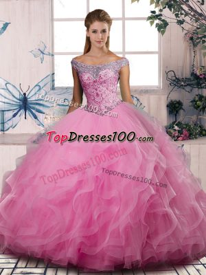High Quality Floor Length Lace Up Ball Gown Prom Dress Rose Pink for Sweet 16 and Quinceanera with Beading and Ruffles