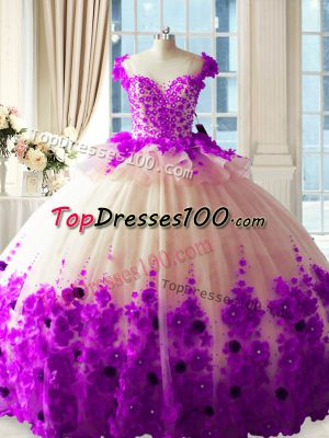 Great Tulle Scoop Sleeveless Brush Train Zipper Hand Made Flower Ball Gown Prom Dress in White And Purple