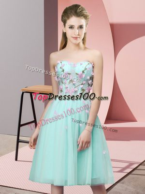 Charming Apple Green Tulle Lace Up Sweetheart Sleeveless Knee Length Bridesmaids Dress Appliques