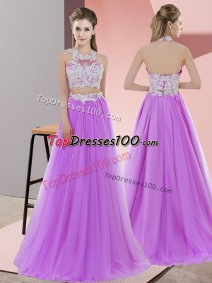 Lovely Sleeveless Floor Length Lace Zipper Damas Dress with Lavender