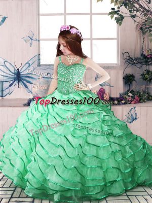 Latest Straps Sleeveless Organza Custom Made Pageant Dress Beading and Ruffled Layers Court Train Lace Up