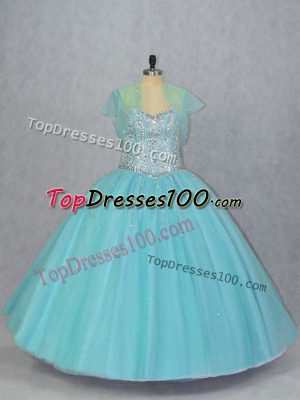 Exquisite Aqua Blue Ball Gowns Beading Quinceanera Gown Lace Up Tulle Sleeveless Floor Length