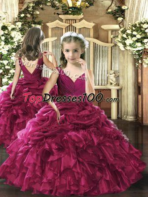 Sleeveless Organza Floor Length Backless Child Pageant Dress in Fuchsia with Beading and Ruffles and Pick Ups