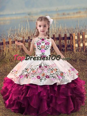 Discount Fuchsia Girls Pageant Dresses Wedding Party with Embroidery and Ruffles Scoop Sleeveless Lace Up