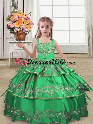 Green Straps Neckline Embroidery and Ruffled Layers Little Girls Pageant Dress Wholesale Sleeveless Lace Up