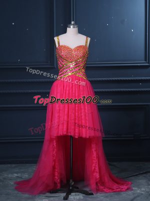 Pretty Hot Pink Sleeveless High Low Beading and Lace and Sequins Zipper Prom Evening Gown