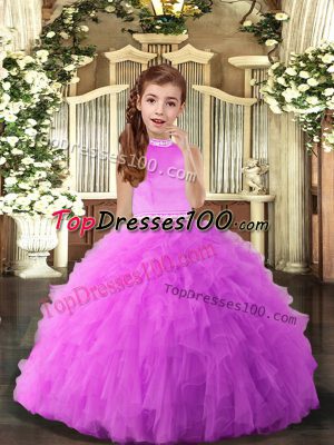 Tulle Halter Top Sleeveless Backless Beading and Ruffles Child Pageant Dress in Lilac
