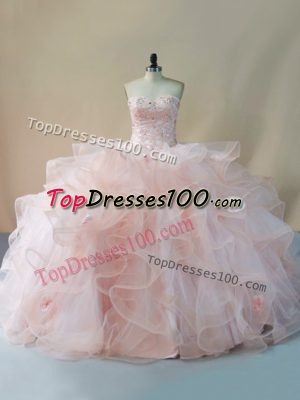 Deluxe Tulle Sweetheart Sleeveless Brush Train Lace Up Beading and Ruffles and Hand Made Flower Vestidos de Quinceanera in Pink