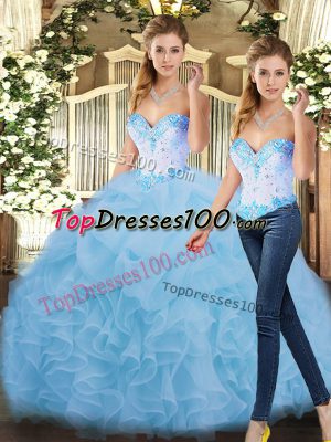 High End Blue Ball Gowns Sweetheart Sleeveless Organza Floor Length Lace Up Beading and Ruffles Quinceanera Dress