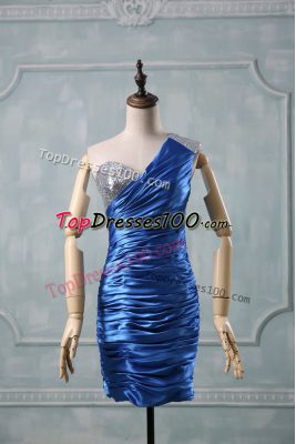 Blue Column/Sheath One Shoulder Sleeveless Taffeta Mini Length Zipper Beading Prom Dress