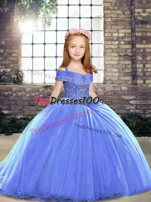 Blue Ball Gowns Beading Pageant Dress for Girls Lace Up Tulle Sleeveless