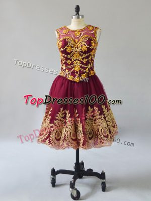 Best Selling Scoop Sleeveless Prom Dresses Mini Length Beading and Appliques Burgundy Tulle