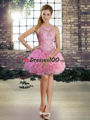 Sweet Rose Pink Fabric With Rolling Flowers Lace Up Pageant Gowns Sleeveless Mini Length Beading
